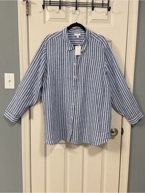 J. Jill Blue and White Striped Linen Button-Front Shirt